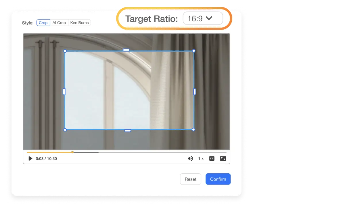 Pick the right aspect ratio for your video with Visla, including options for 16:9, 9:16, and 1:1 formats.